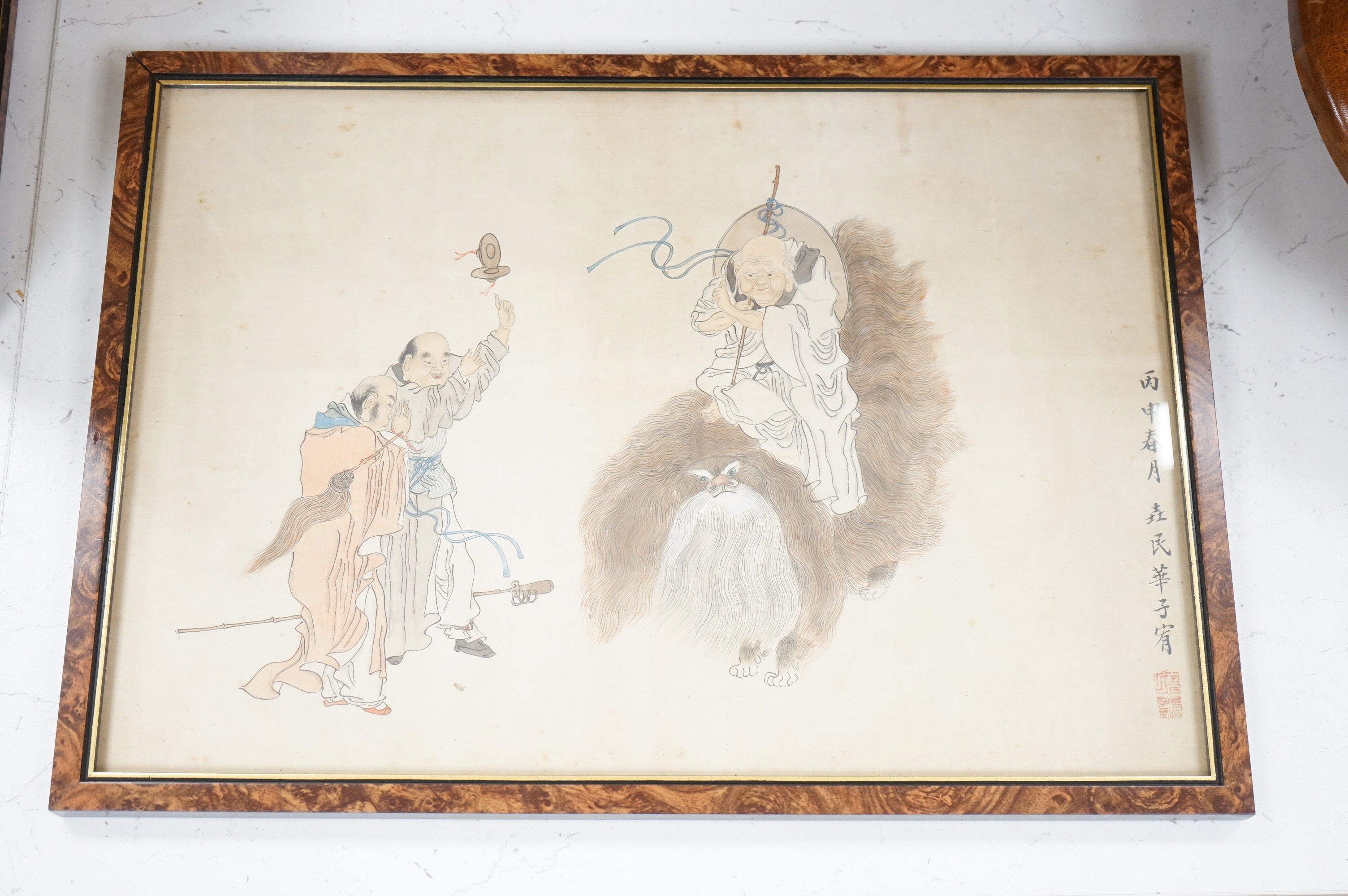 19th century, Chinese School, Figural and animal studies, three watercolours on printed bases, with character marks, 29 x 42cm